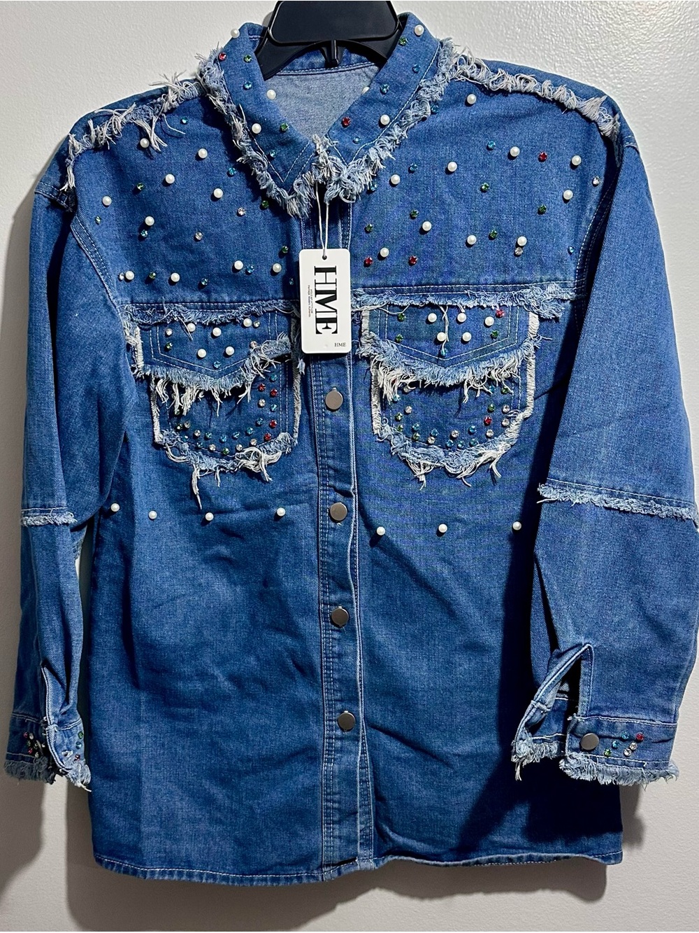HME Blue Denim Jean Jacket with Multicolor Studs & Pearls (1137)
